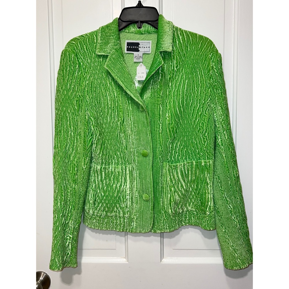 NWOT Rhonda Stark Lime Green Textured Velvet Blazer Jacket Small Three Button